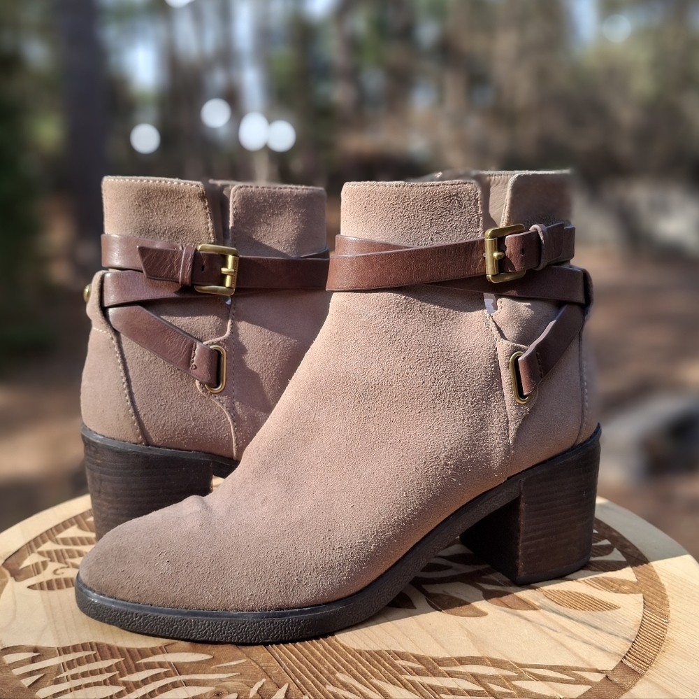 Michael Kors Jodhpur Style Side Zip Stacked Heel Brown Suede Leather Ankle Boots
